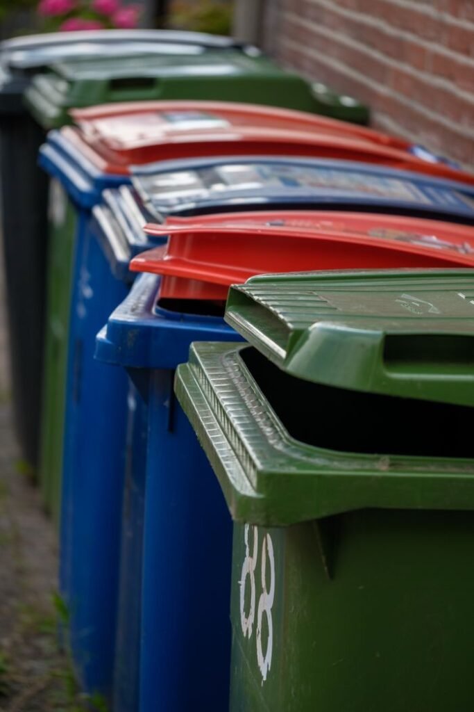 Row of colorful waste bins against a brick wall in Almere, Netherlands.